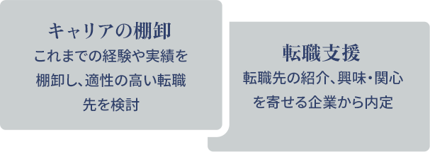 キャリアの棚卸
									これまでの経験や実績を棚卸し、適性の高い転職先を検討
									転職支援
									転職先の紹介、興味・関心を寄せる企業から内定